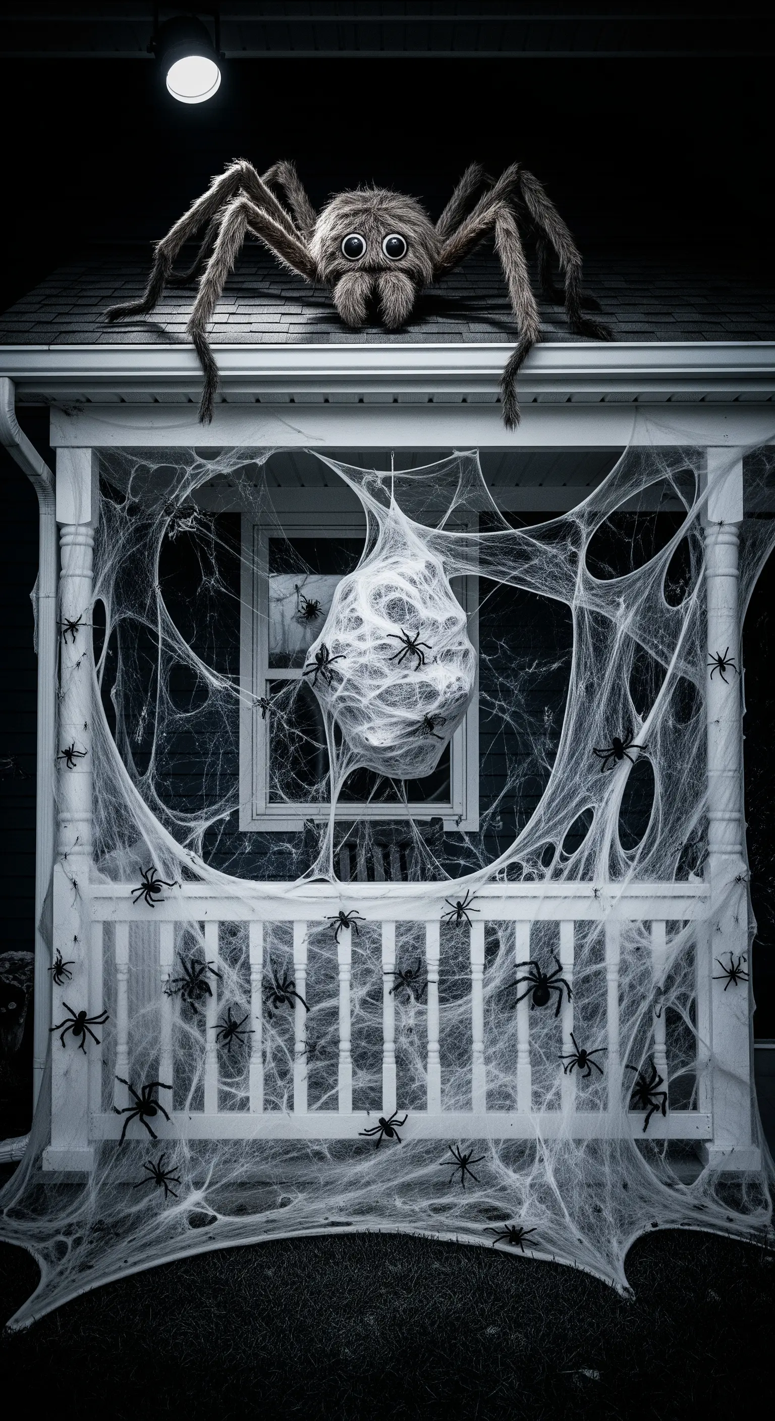 Un enorme ragno sul tetto di un portico completamente ricoperto di ragnatele e piccoli ragni.