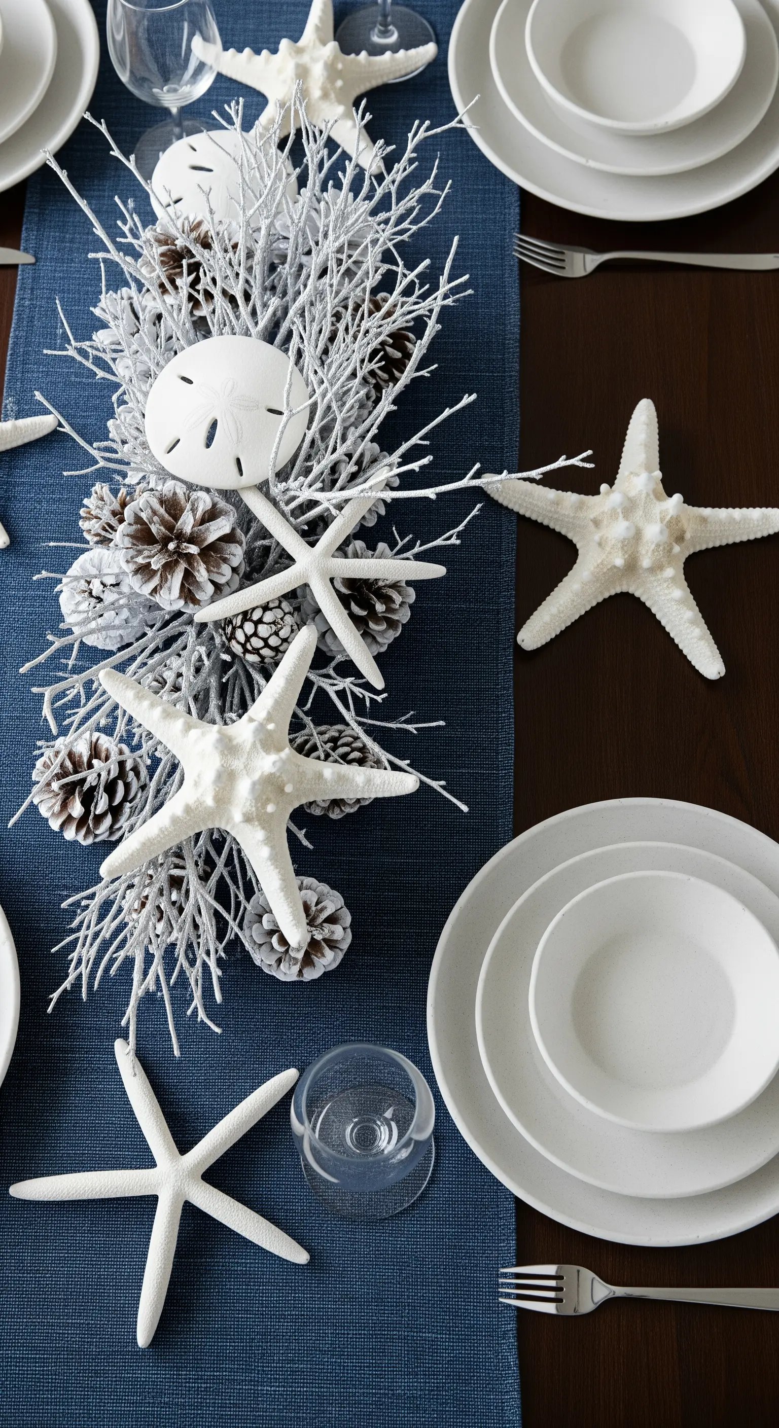 Centrotavola invernale a tema marino con rami bianchi, stelle marine e pigne.