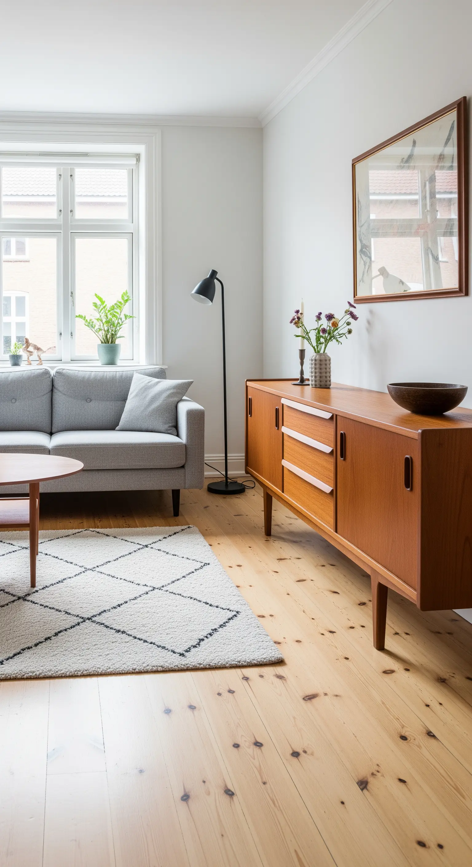 Credenza vintage in teak in un salotto scandinavo con divano grigio e pavimento in pino.