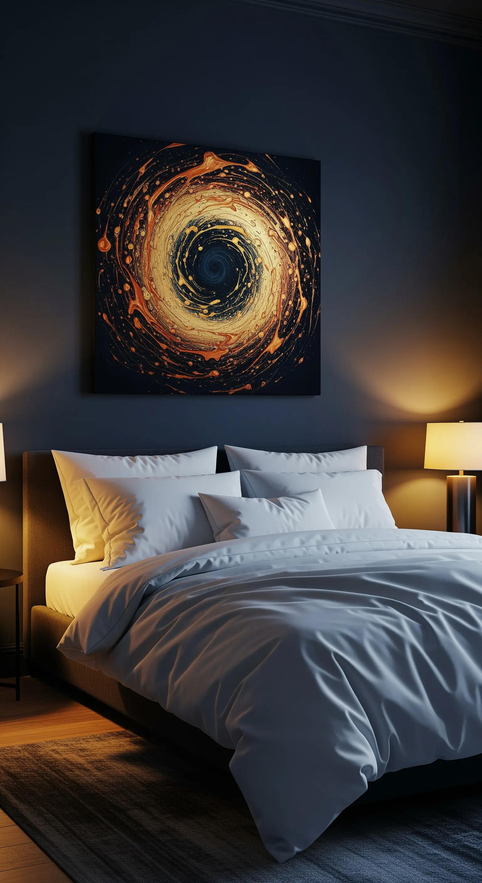 Quadro astratto che rappresenta un vortice dorato e blu, appeso su una parete scura in una camera.