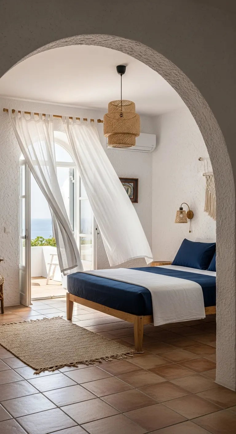 Vista attraverso un arco di una camera da letto con tende bianche che fluttuano verso un balcone.