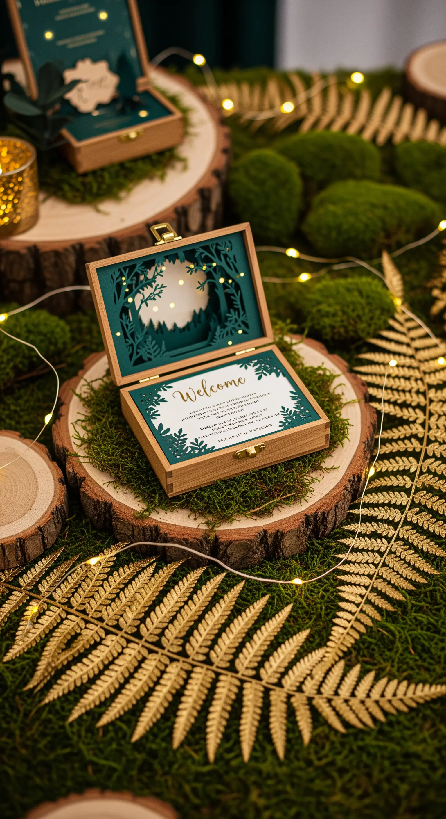 Invito a tema bosco in una scatola di legno con silhouette di alberi, adagiato su muschio e luci.