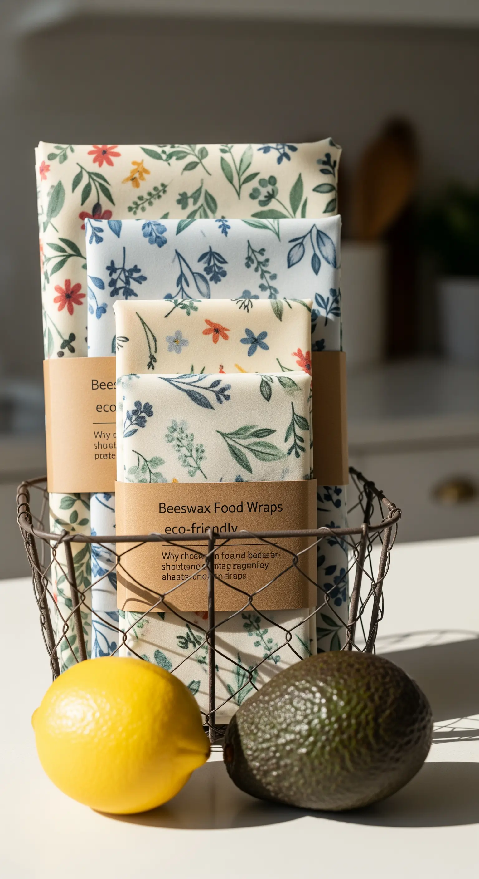 Set di involucri per alimenti riutilizzabili in cera d'api con fantasie floreali, in un cestino.