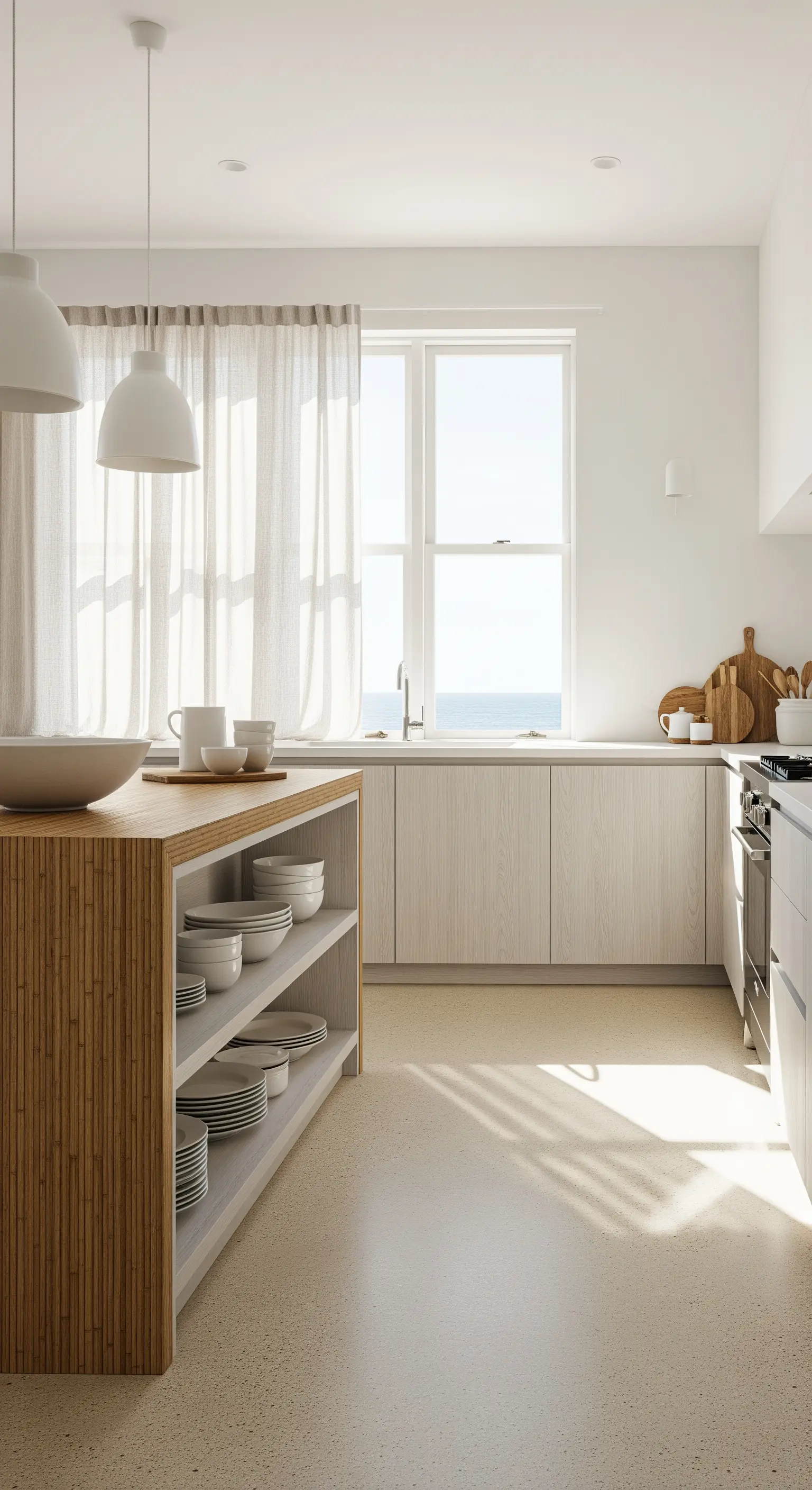 Cucina bianca con isola in bambù dotata di ripiani aperti per piatti e ciotole.