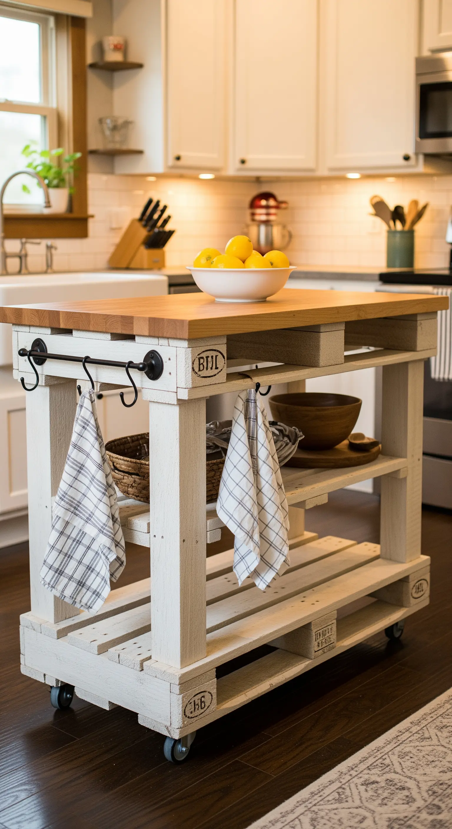 Isola da cucina mobile in pallet bianchi con piano di lavoro in legno massiccio.