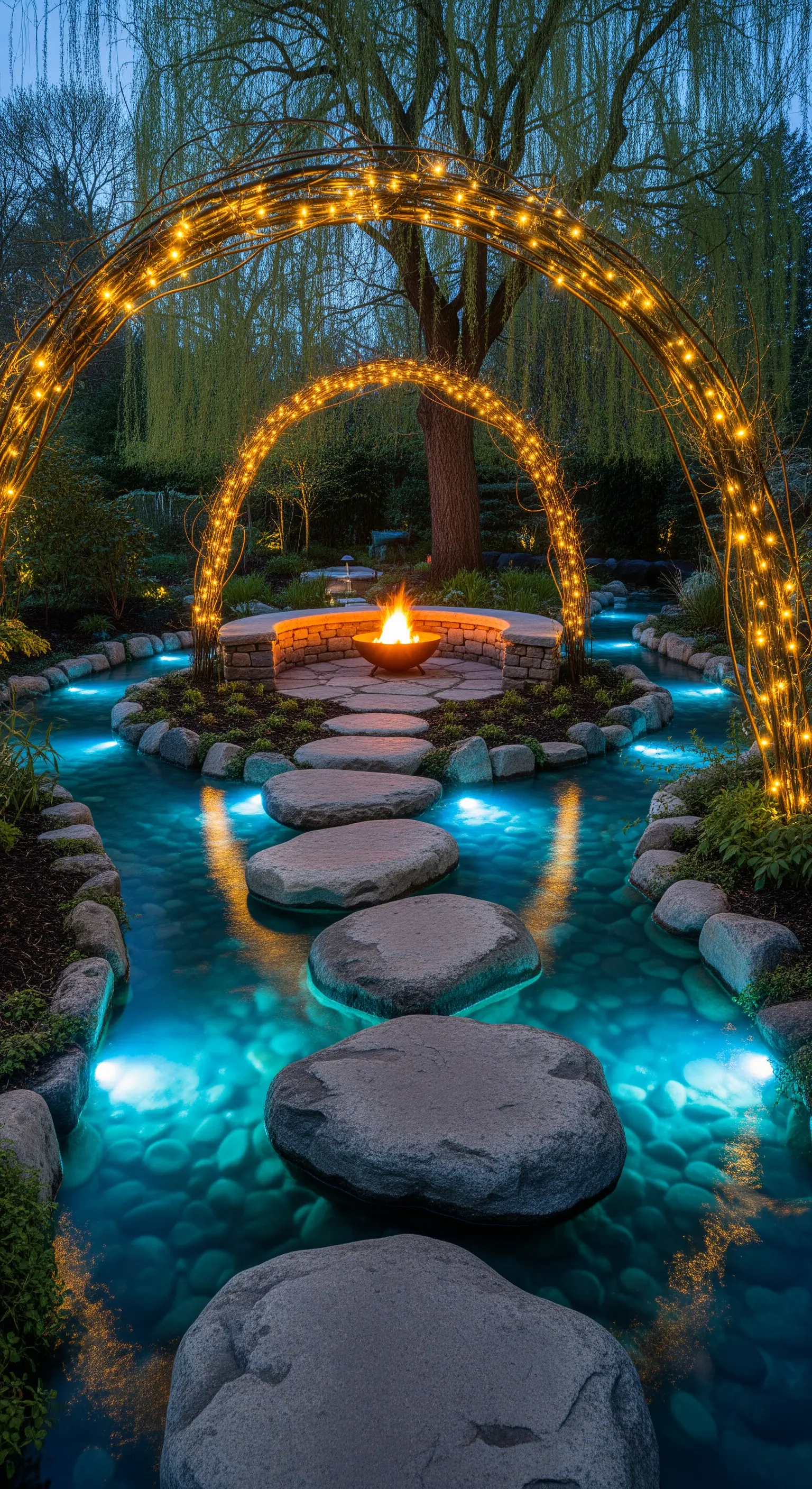 Braciere acceso su un'isola di pietra in un corso d'acqua, circondato da archi luminosi.