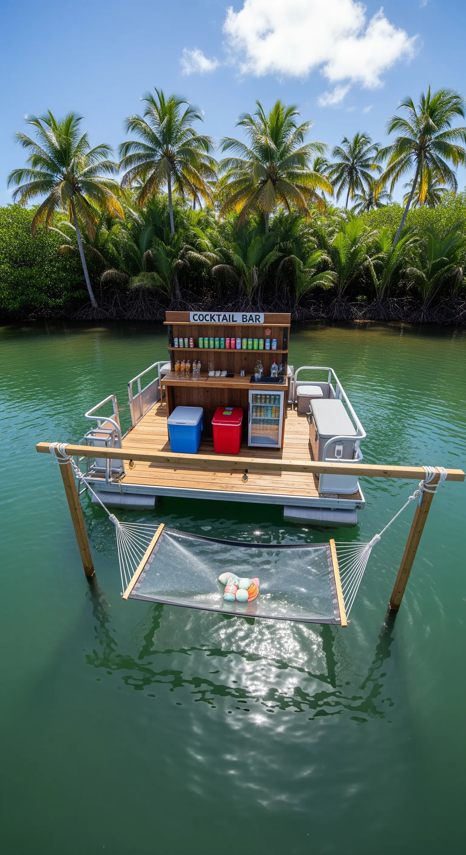 Piattaforma galleggiante con cocktail bar e un'amaca a rete sospesa direttamente sull'acqua