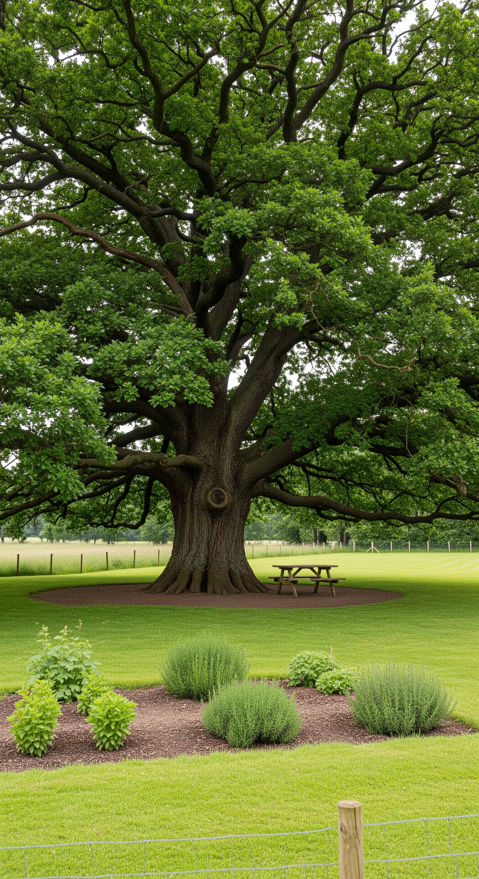 Aiuole circolari con cespugli di erbe aromatiche in mezzo a un grande prato verde.