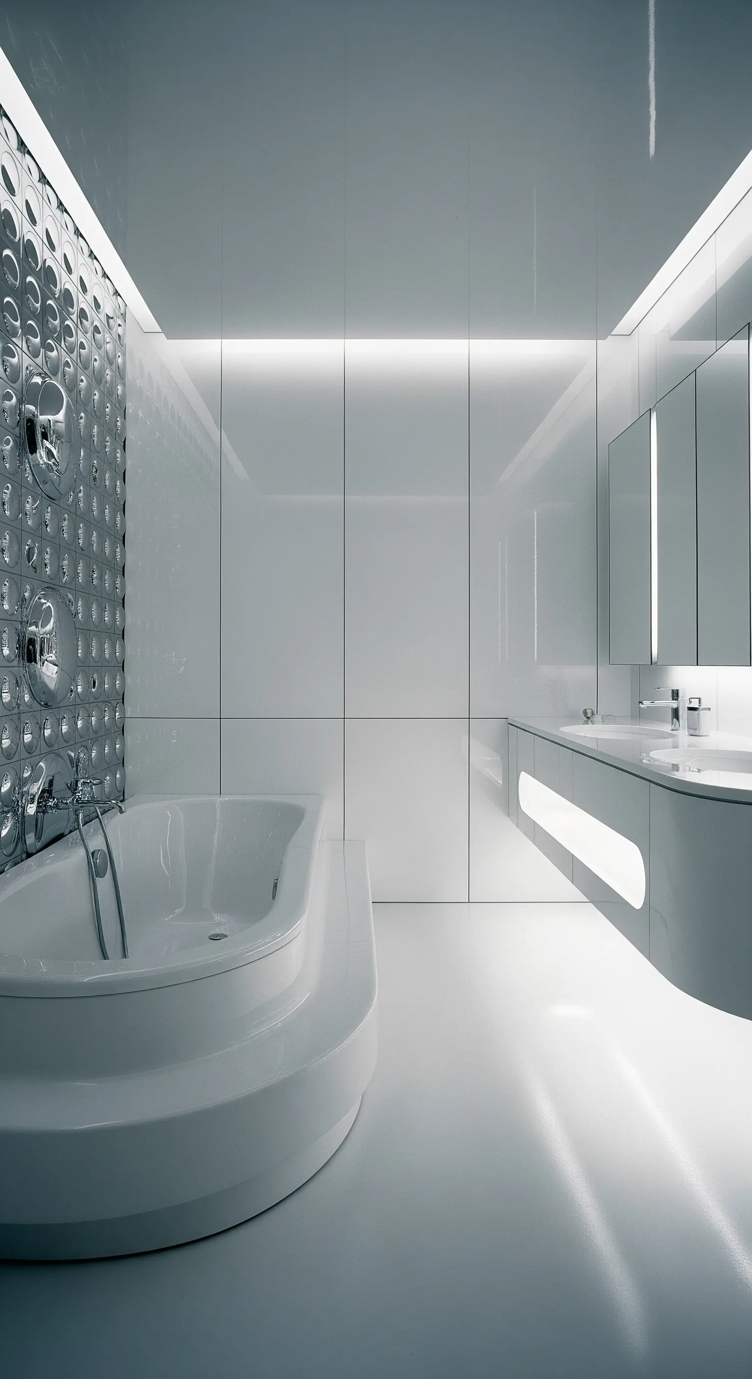 Bagno futuristico completamente bianco con una parete di piastrelle cromate a bolle.