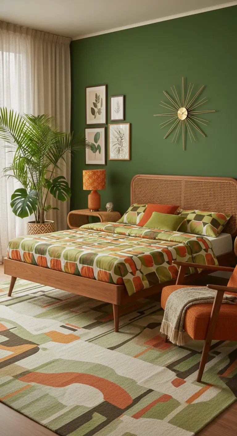 Camera da letto in stile anni '70 con pareti verdi, tappeto geometrico e letto in rattan.