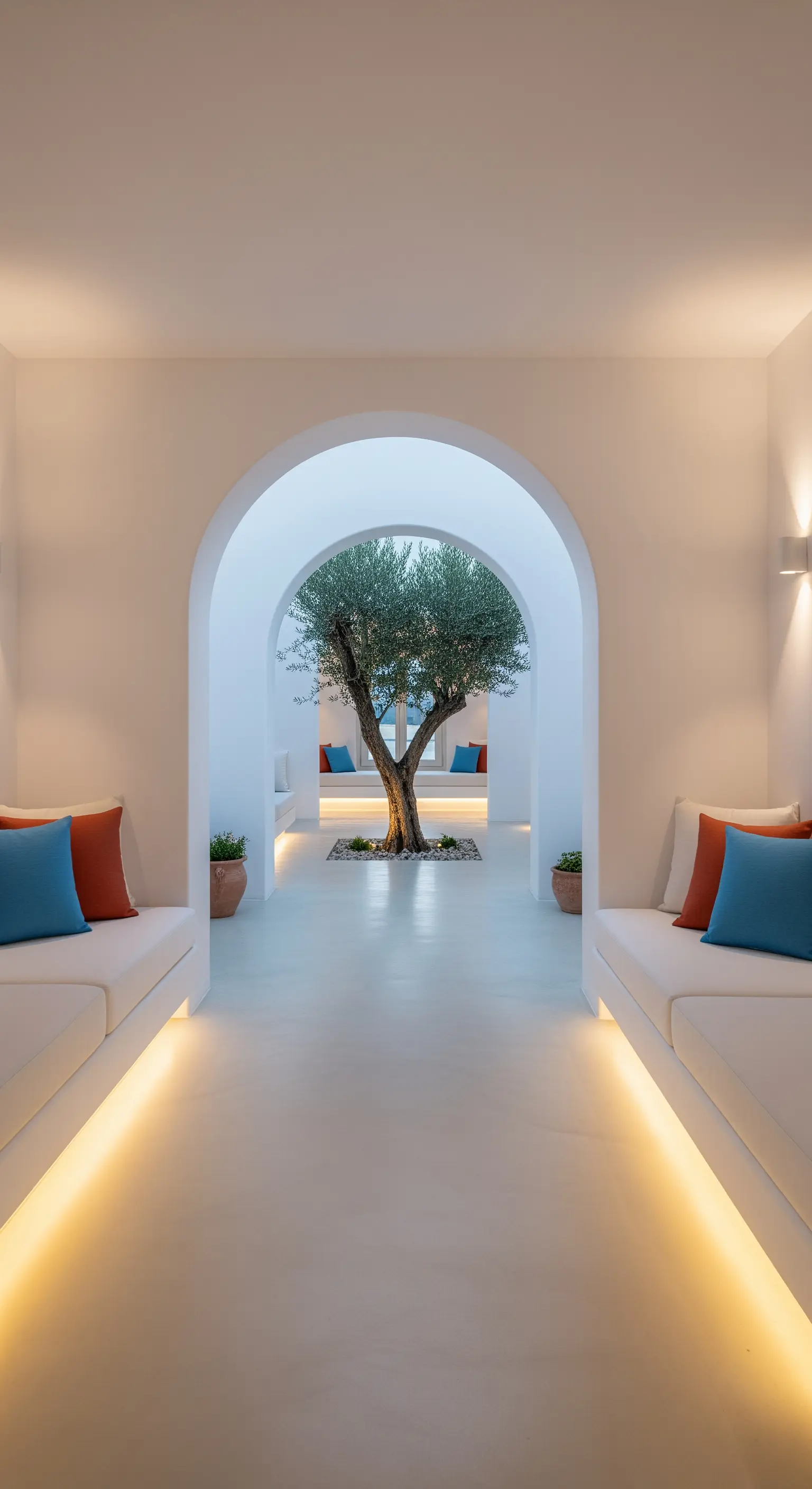 Portico in stile mediterraneo con sedute in muratura, pavimento bianco e un ulivo centrale