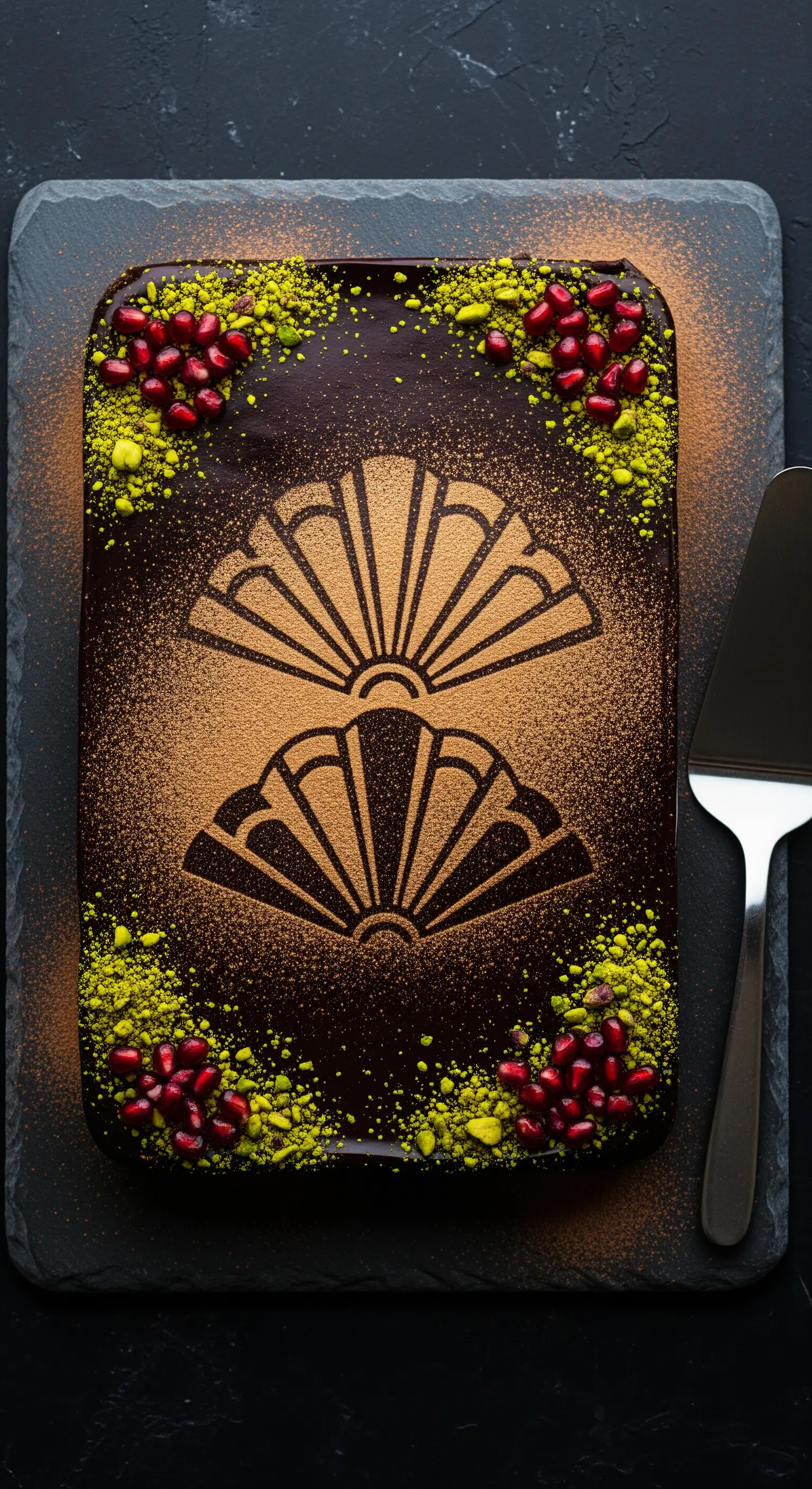 Torta al cioccolato rettangolare decorata con un motivo a ventaglio in cacao e chicchi di melograno.
