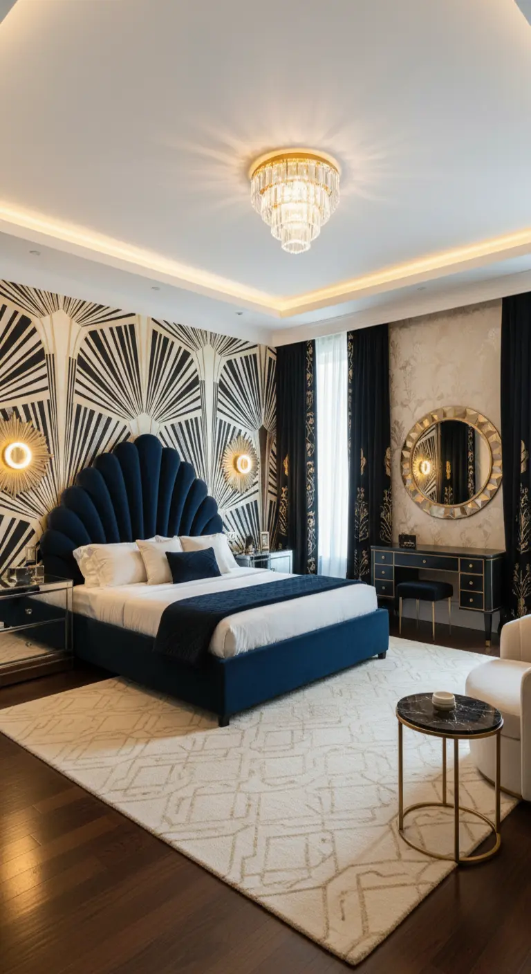 Letto con testiera a conchiglia in velluto blu notte in una camera da letto Art Déco.