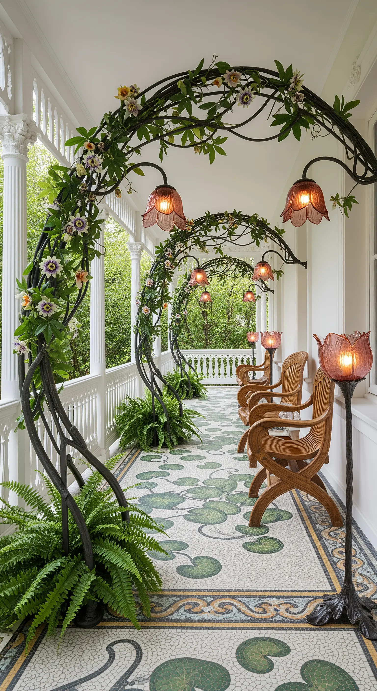 Veranda in stile Art Nouveau con archi in metallo, lampade a fiore e pavimento a mosaico.