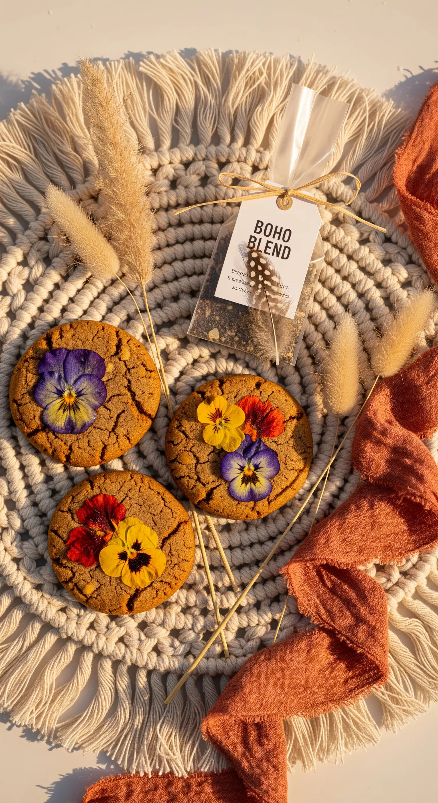 Biscotti rustici decorati con fiori eduli e tè a tema boho su una base in macramè.