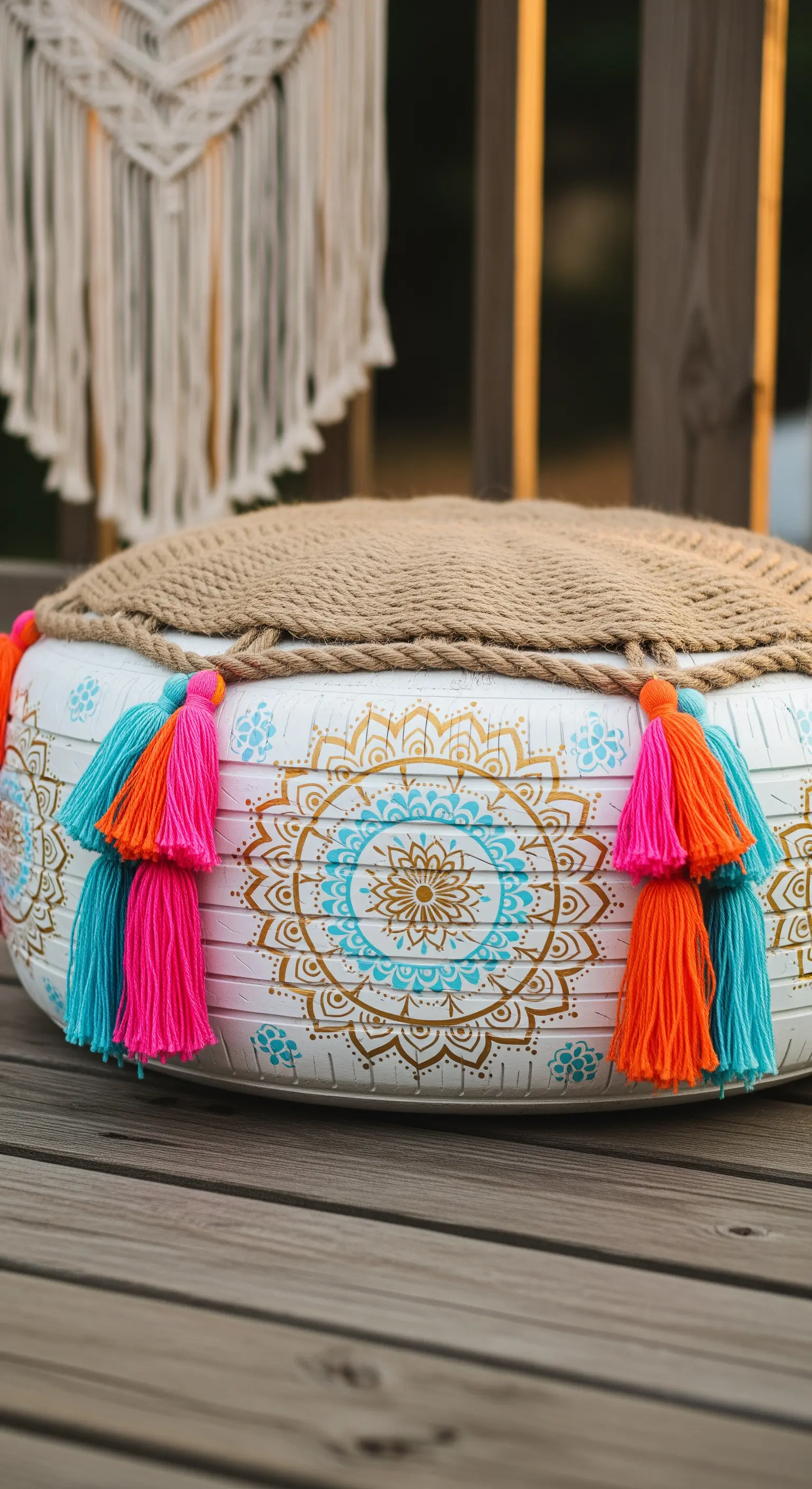 Pouf fai-da-te bianco con un mandala dipinto in oro e turchese e nappe colorate.