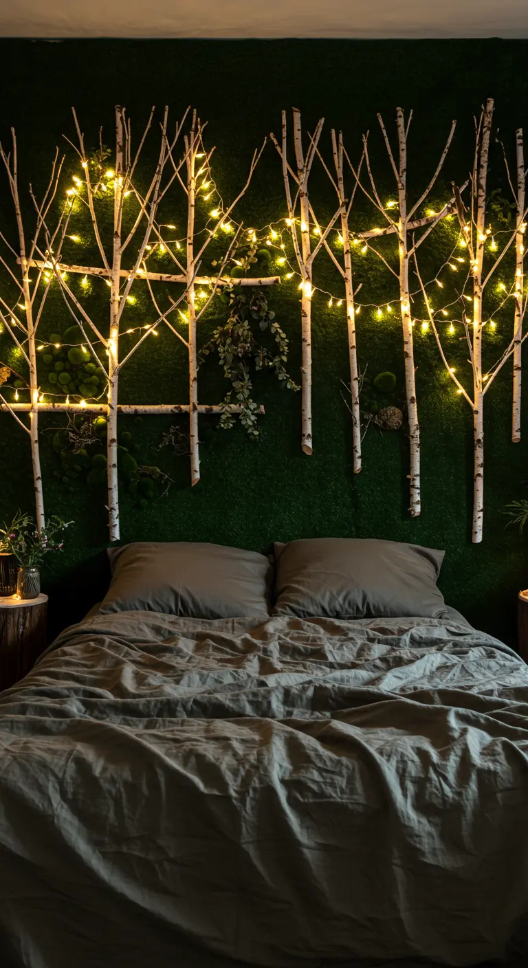 Testiera fai-da-te con rami di betulla e luci calde su una parete verde scuro.