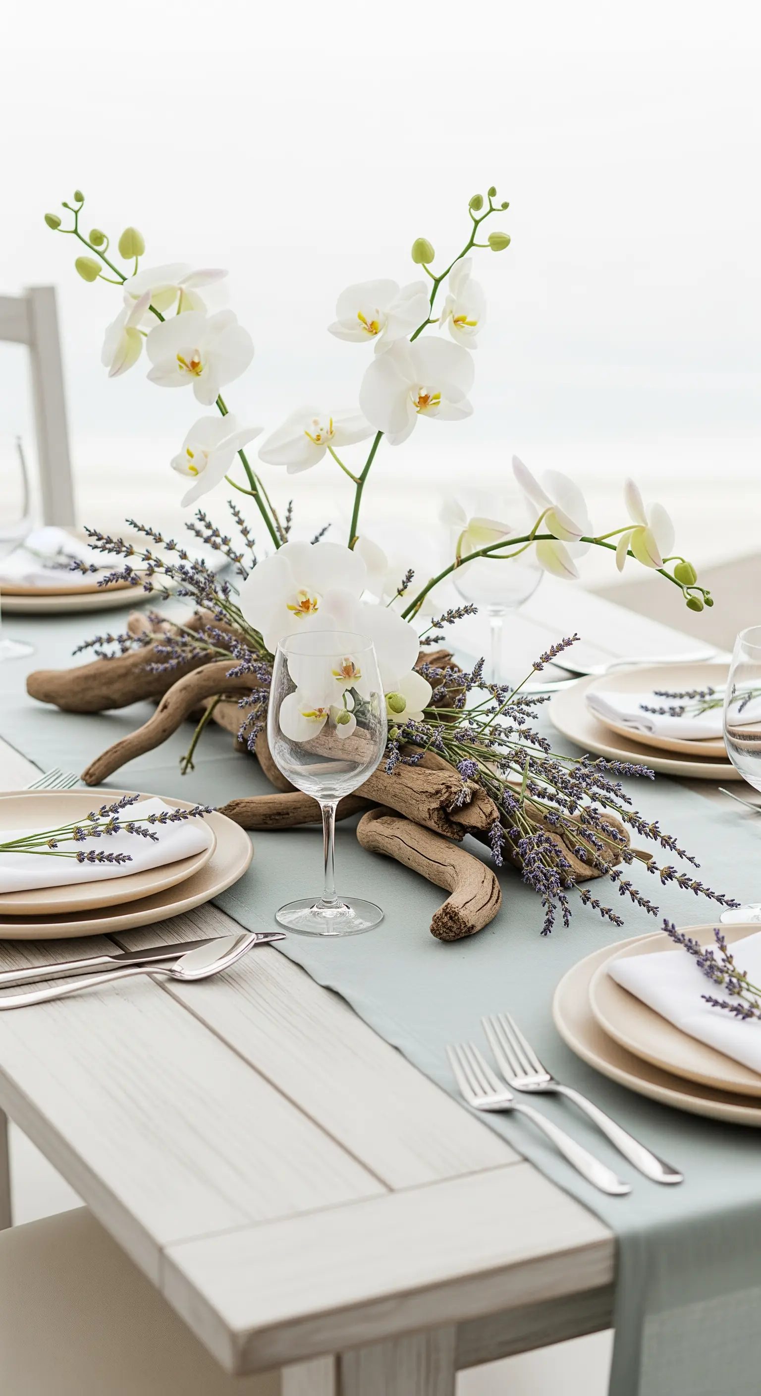 Centrotavola con legno di mare, orchidee bianche e lavanda su runner azzurro.