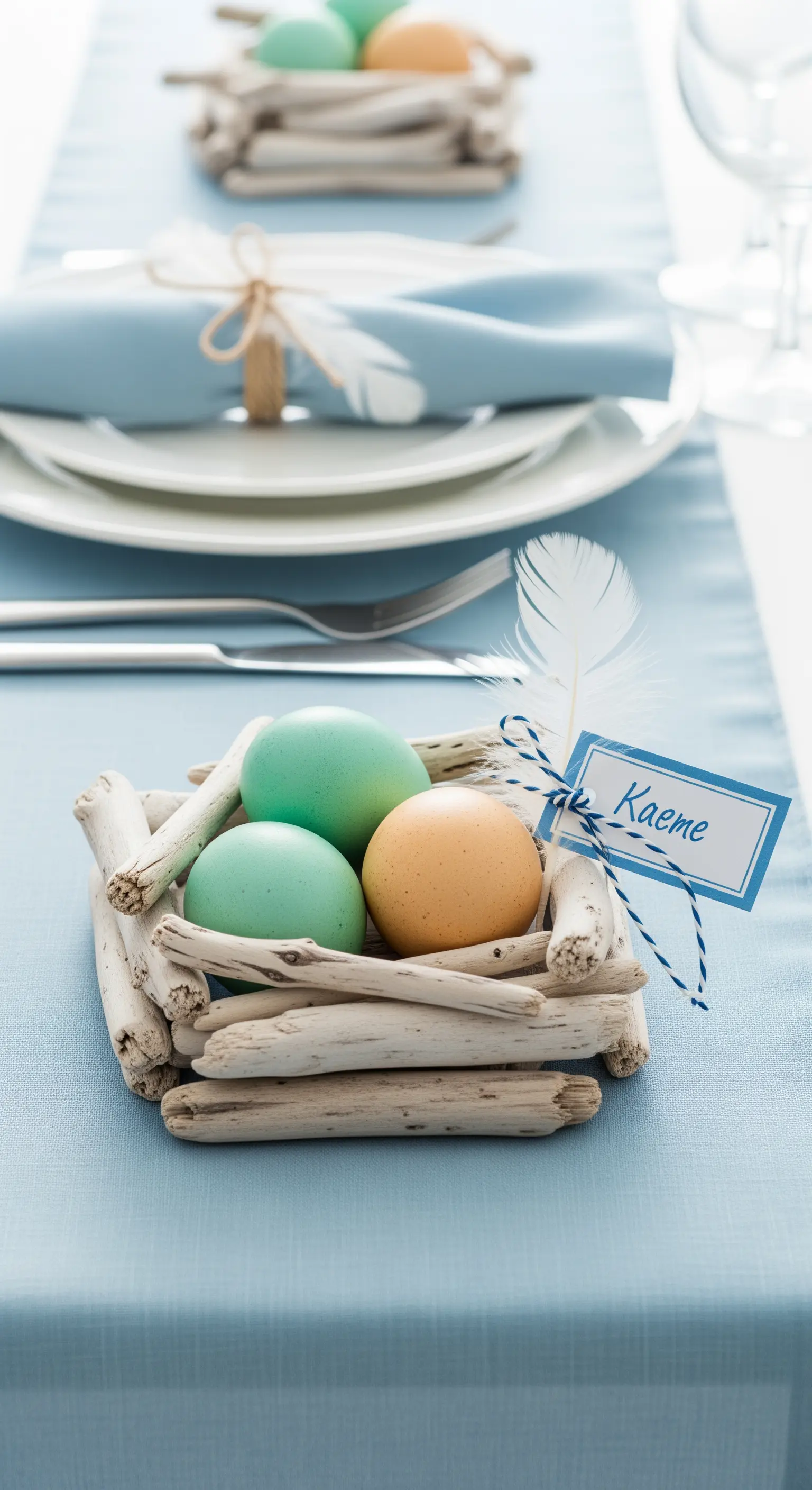 Nido fatto con legni di mare e uova color pastello.