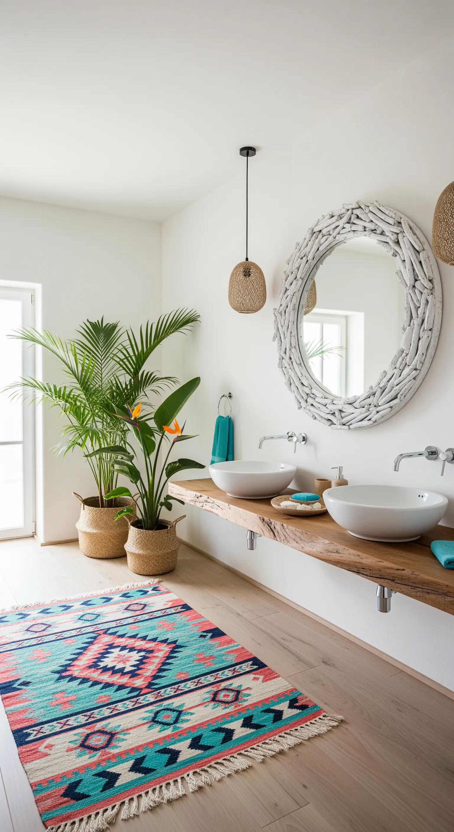 Bagno con doppio lavabo, specchio in driftwood e tappeto kilim colorato.
