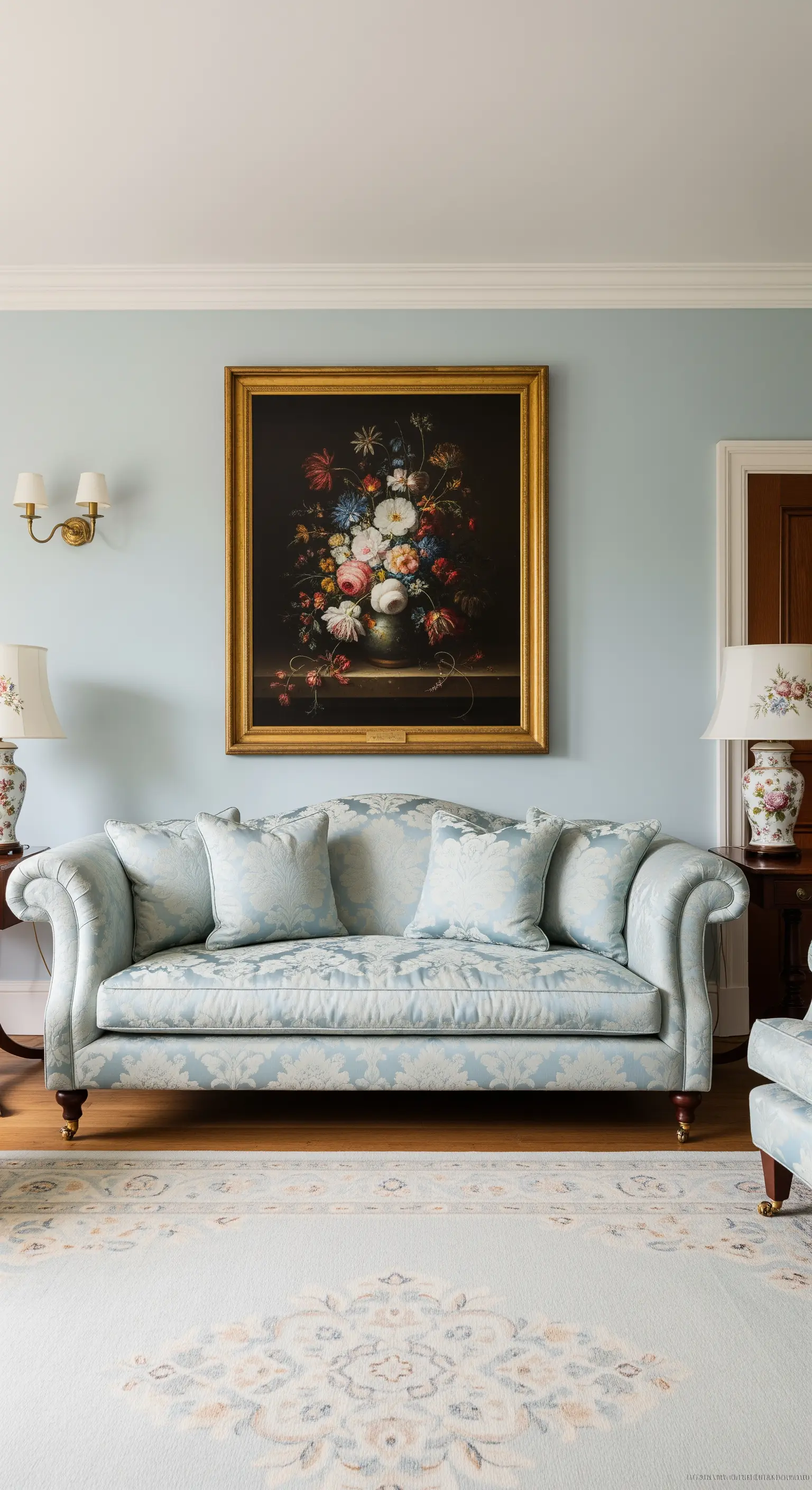 Salotto tradizionale con divano azzurro damascato e un grande quadro a olio di un bouquet di fiori.