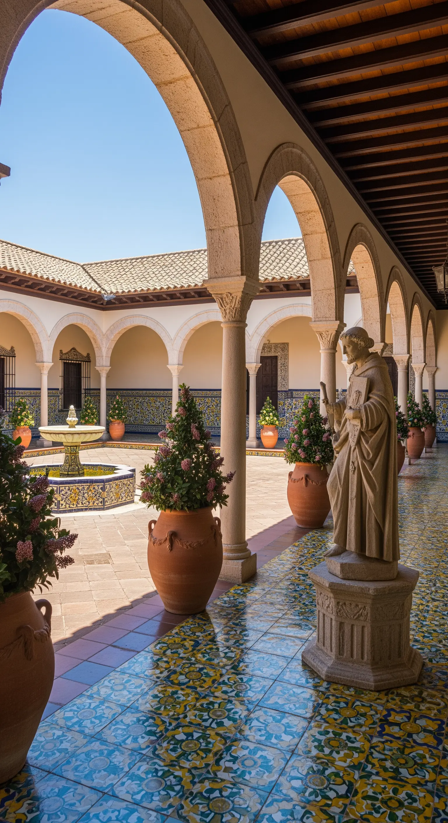 Chiostro con colonne, piastrelle decorate, una fontana e una statua di un monaco.