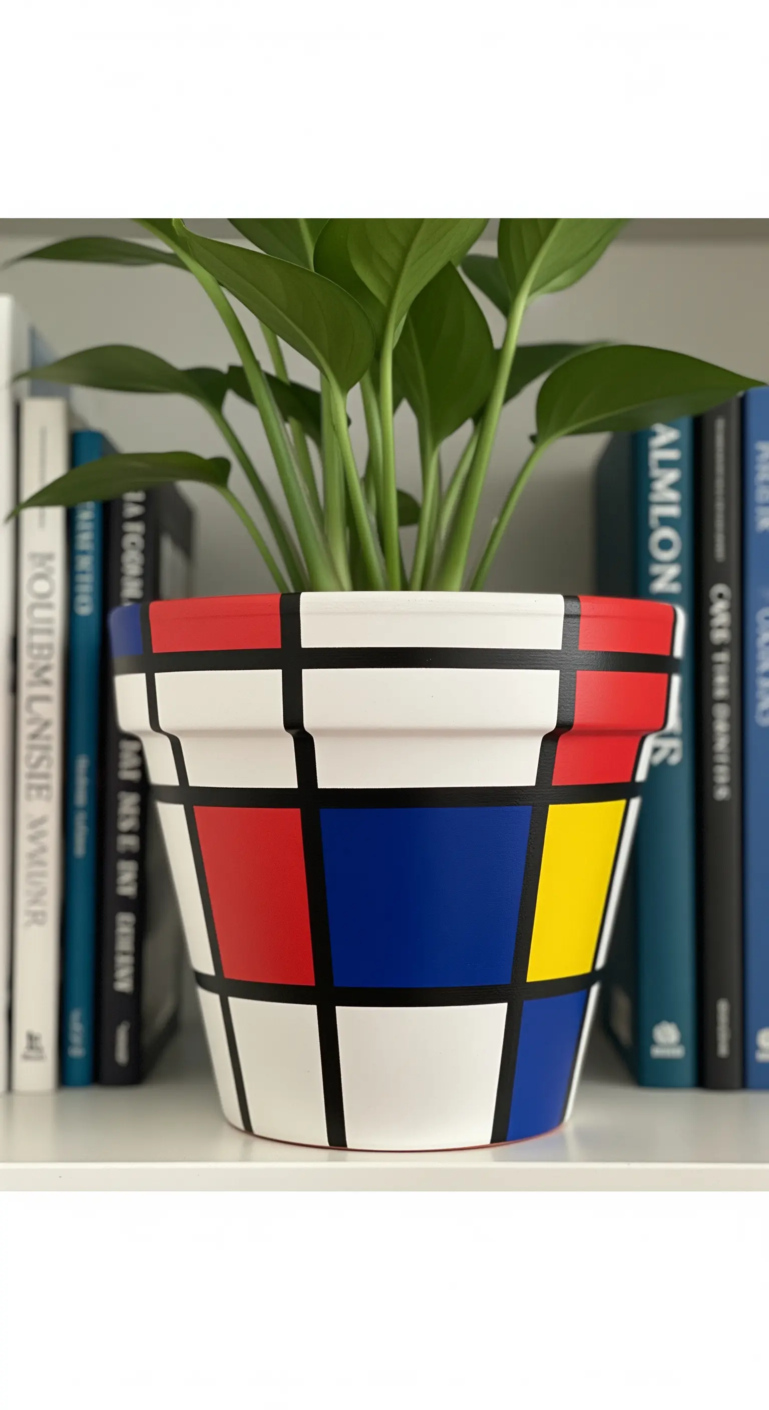 Vaso di terracotta dipinto con un motivo ispirato a Mondrian, con quadrati rossi, blu e gialli.