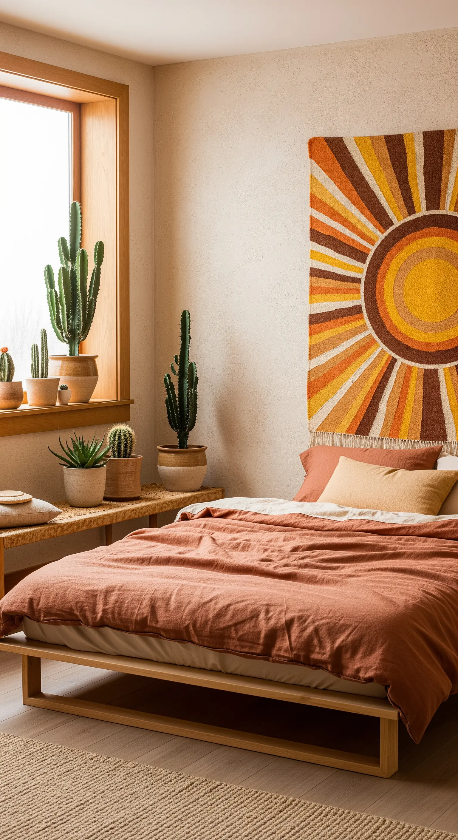Camera da letto con arazzo a forma di sole, lenzuola terracotta e una collezione di cactus.