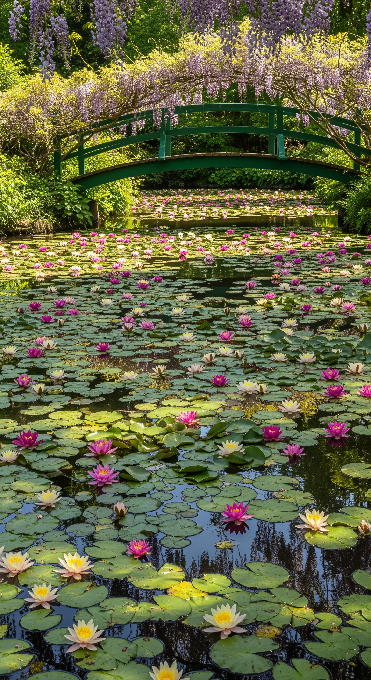 Ponte ad arco verde scuro sotto una cascata di glicine, sopra un laghetto pieno di ninfee