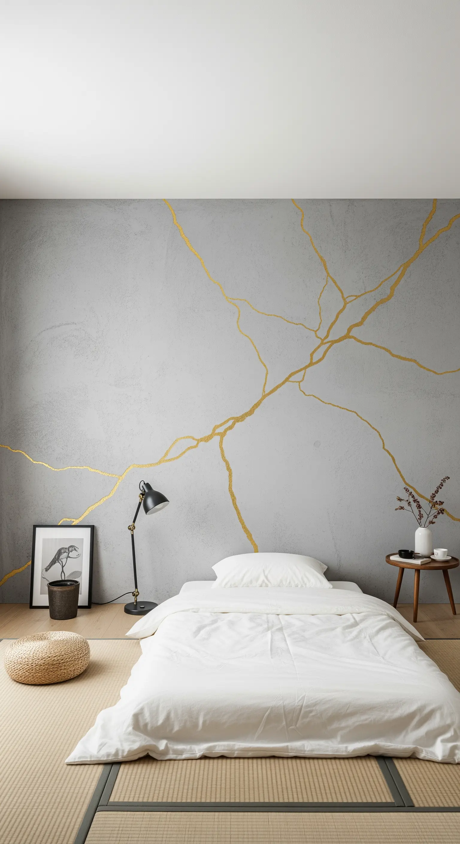Camera da letto zen con parete effetto cemento decorata con venature dorate in stile Kintsugi.
