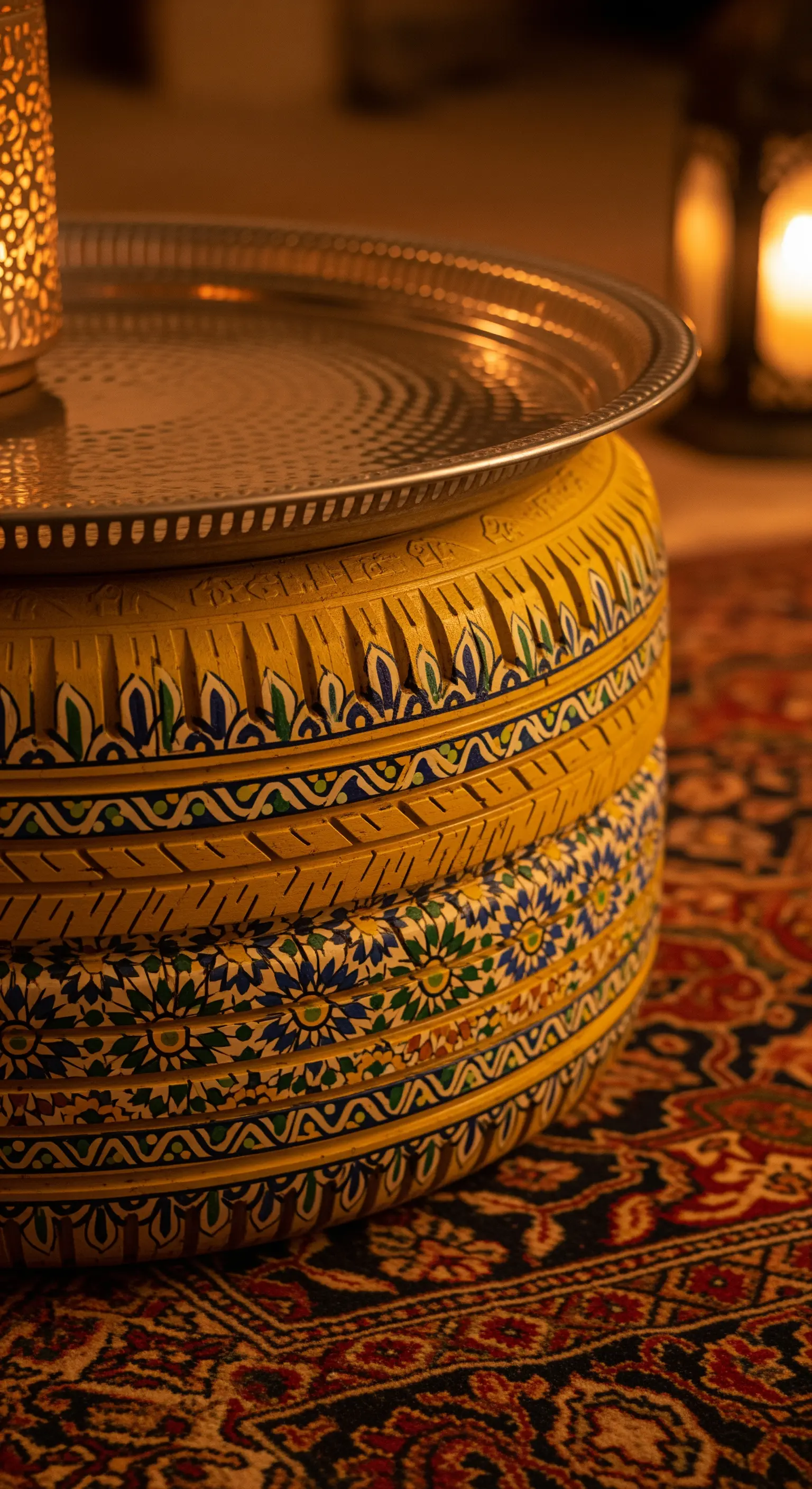 Tavolino in stile marocchino realizzato con pneumatici gialli dipinti con motivi geometrici colorati.