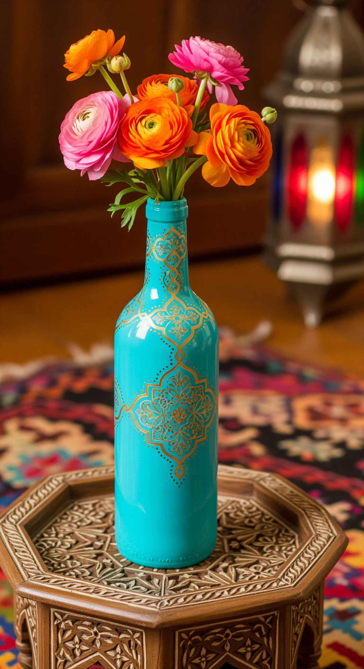 Bottiglia di vino turchese decorata con complessi motivi dorati in stile henné.