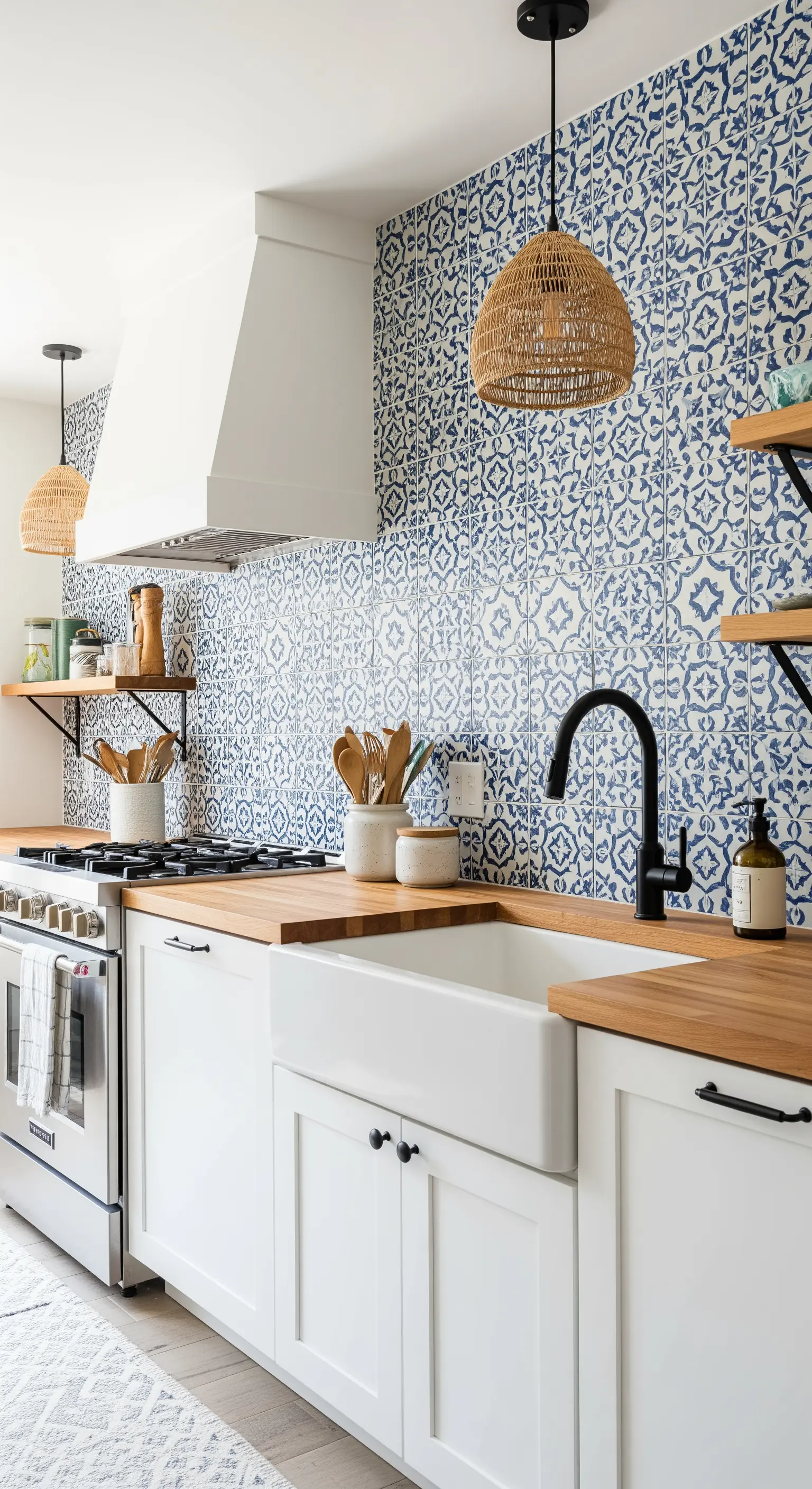 Cucina bianca con top in legno e un'intera parete rivestita di piastrelle blu e bianche decorate.