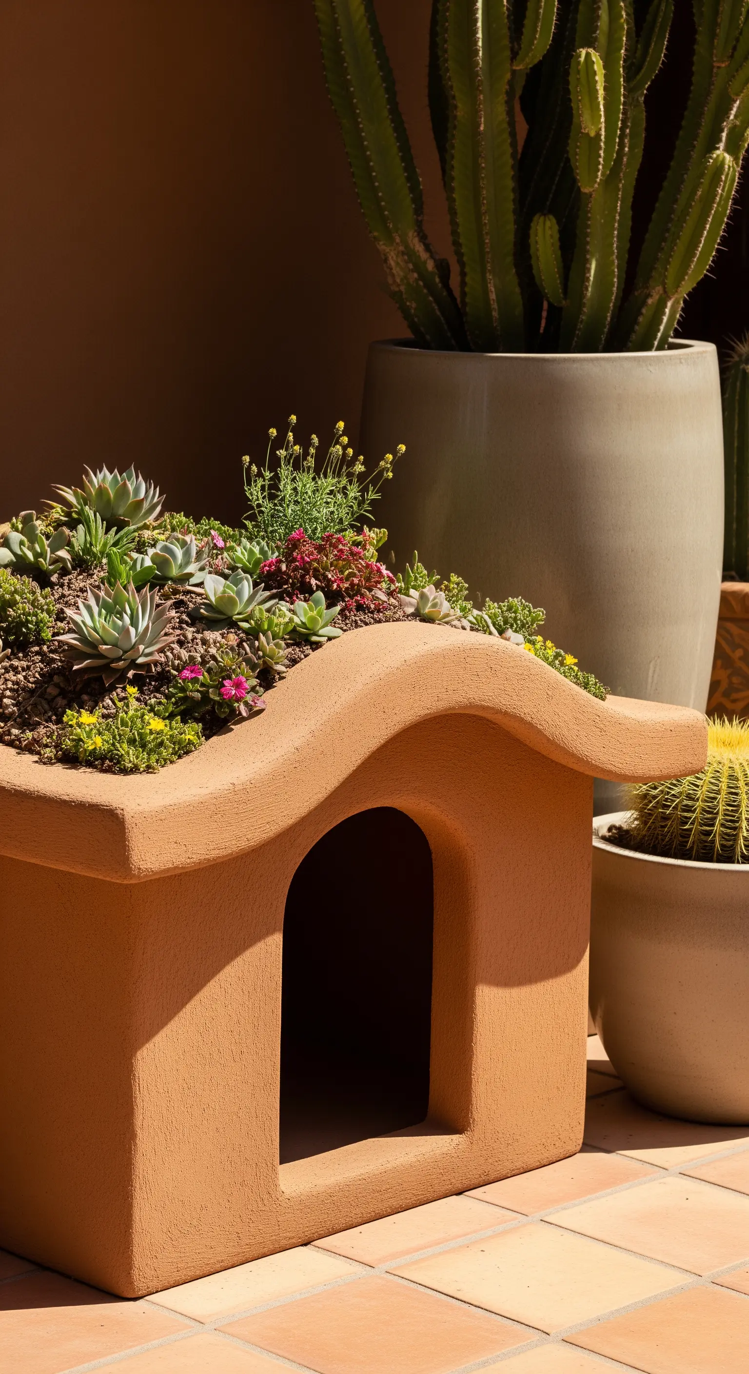 Cuccia in stile mediterraneo color terracotta con tetto di piccole piante grasse.