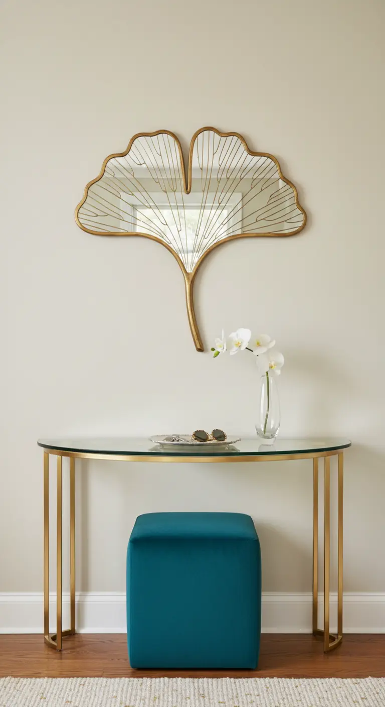 Ingresso con specchio dorato a forma di foglia di ginkgo e pouf in velluto ottanio.