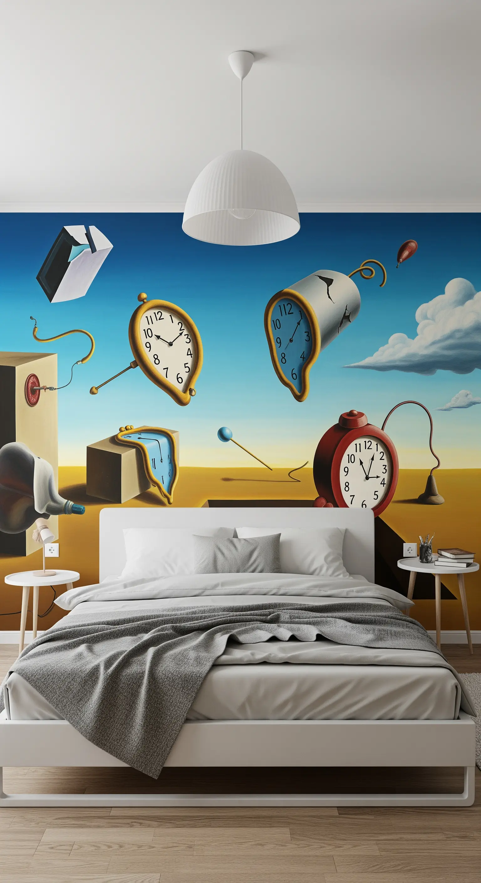 Camera da letto moderna con murale ispirato a 
