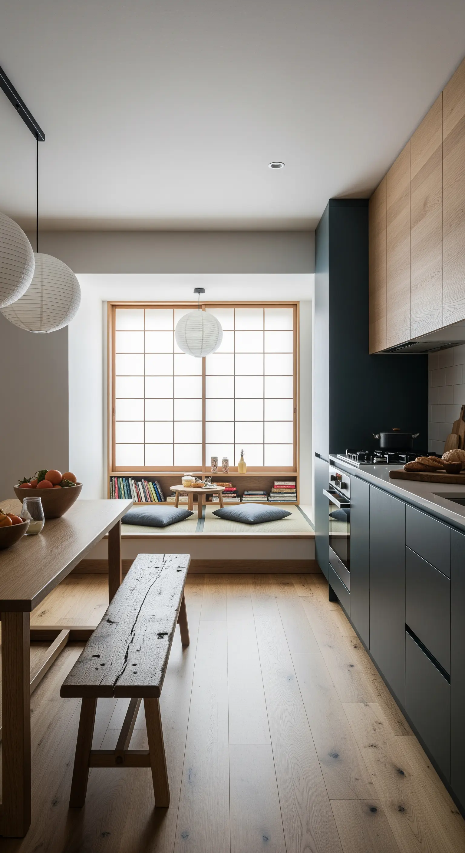 Cucina minimalista con angolo rialzato in stile giapponese, tavolo in legno e panche.