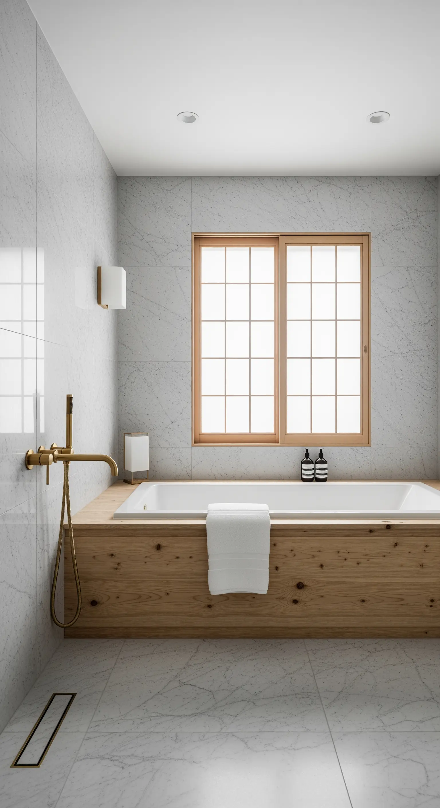 Bagno in stile zen con vasca rivestita in legno chiaro, marmo bianco e finestra stile shoji.