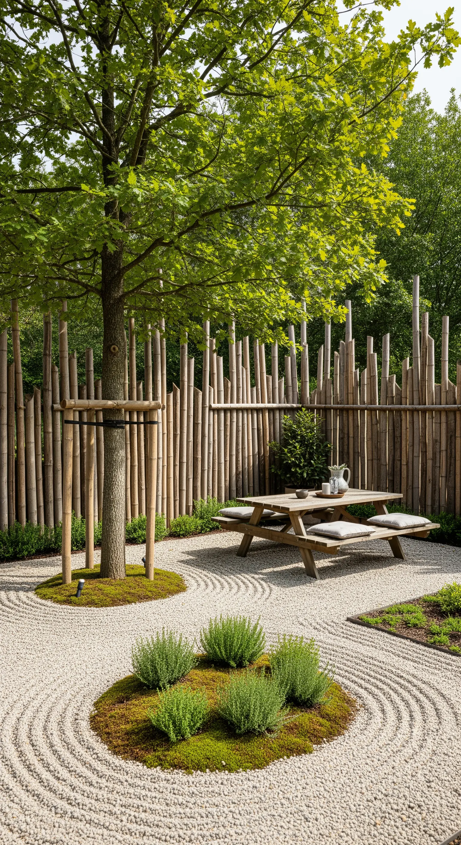 Giardino in stile zen con ghiaia bianca rastrellata, cespugli di erbe e una recinzione di bambù.