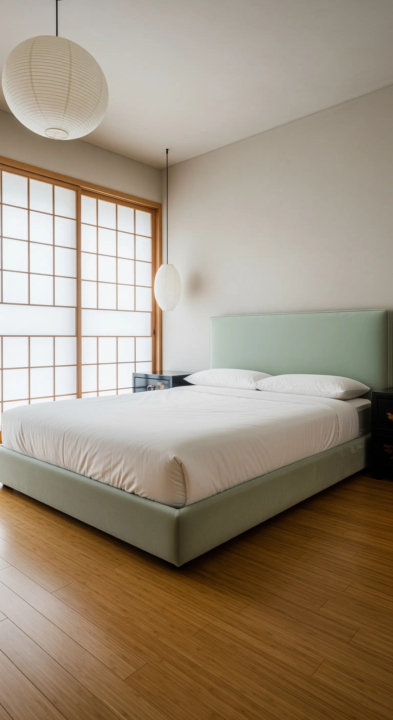 Letto basso con testiera verde menta in una camera da letto in stile giapponese.