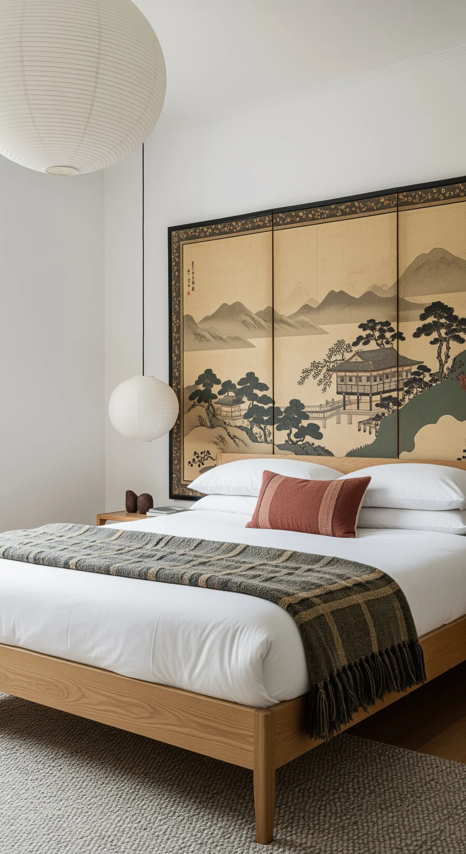 Paravento giapponese antico usato come testiera per un letto basso in una camera minimalista.