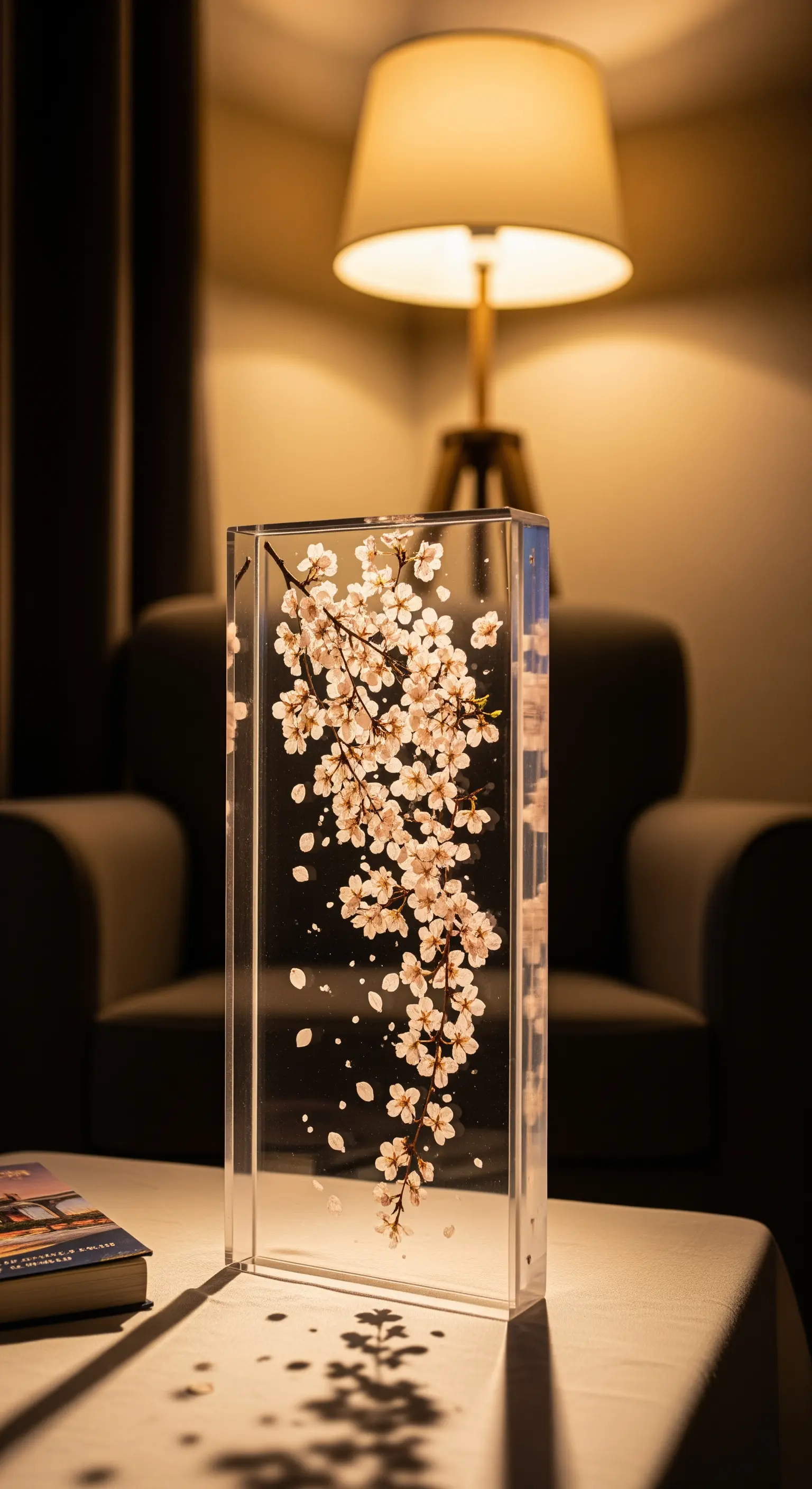 Rami di fiori di ciliegio sospesi in un blocco di resina trasparente illuminato.