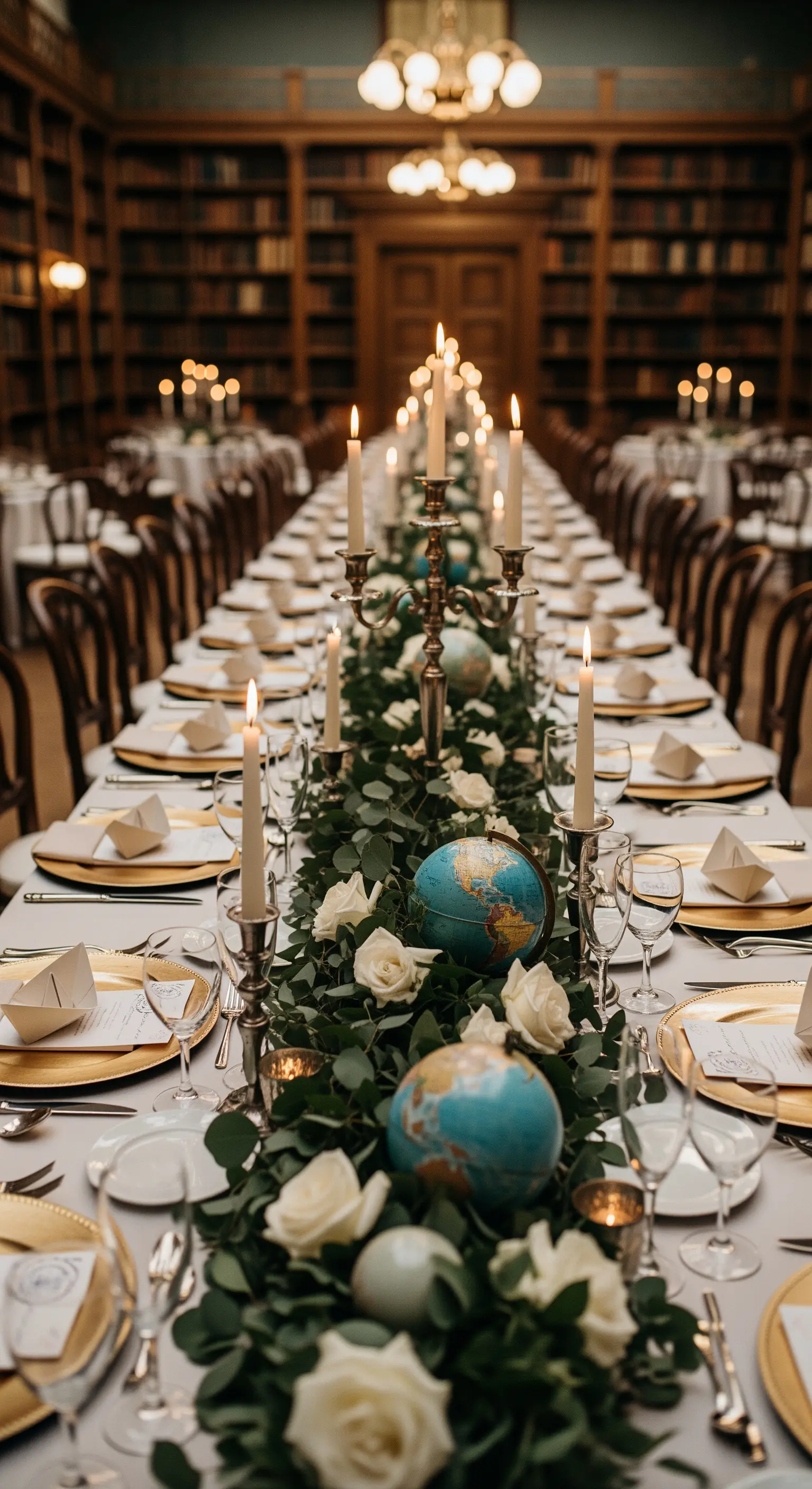 Centrotavola per matrimonio con runner di eucalipto, rose bianche, candele e piccoli mappamondi.