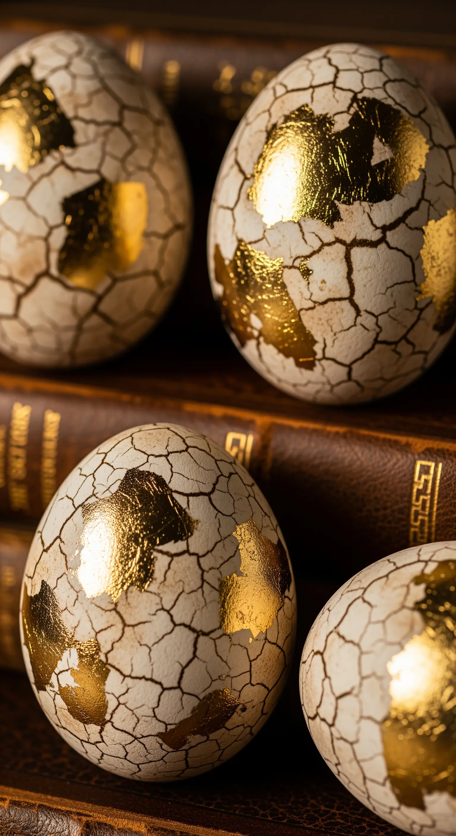 Uova con guscio dall'effetto craquelé, con foglia d'oro che emerge dalle crepe.