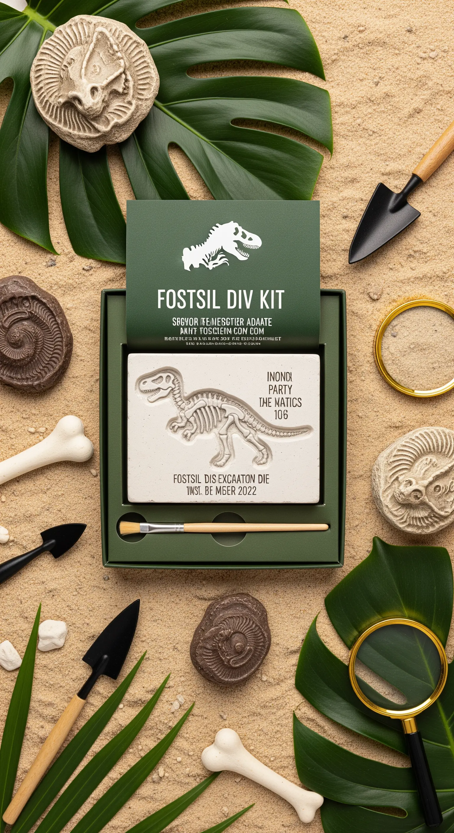 Invito a tema dinosauri a forma di kit di scavo archeologico con fossili, sabbia e attrezzi.