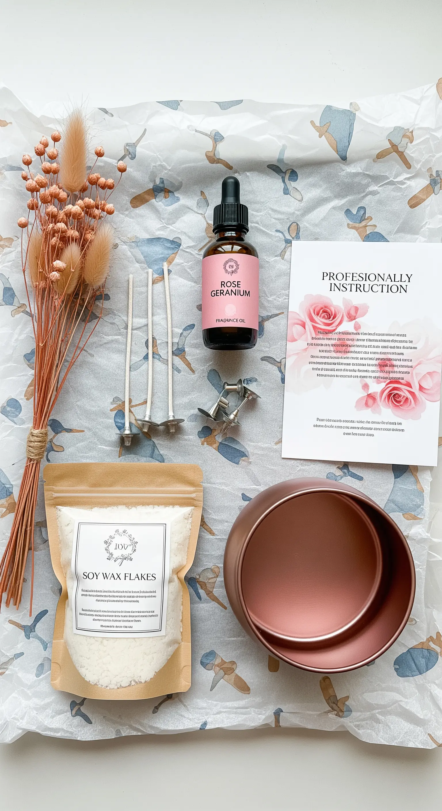 Kit per la creazione di candele con cera di soia, stoppini, olio profumato e contenitore color rame.