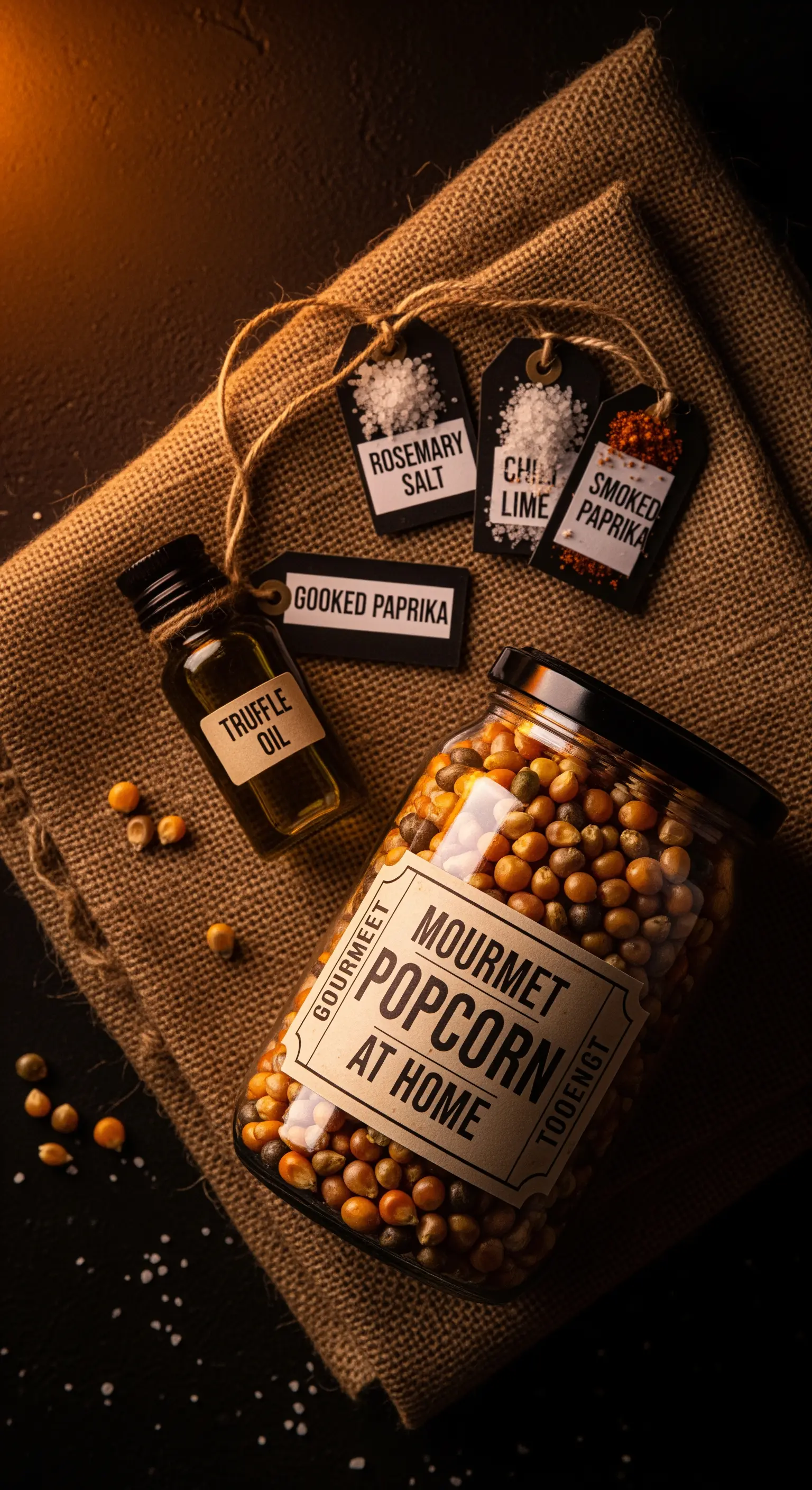 Kit per popcorn gourmet con mais, olio al tartufo e sali aromatizzati su tela di juta.