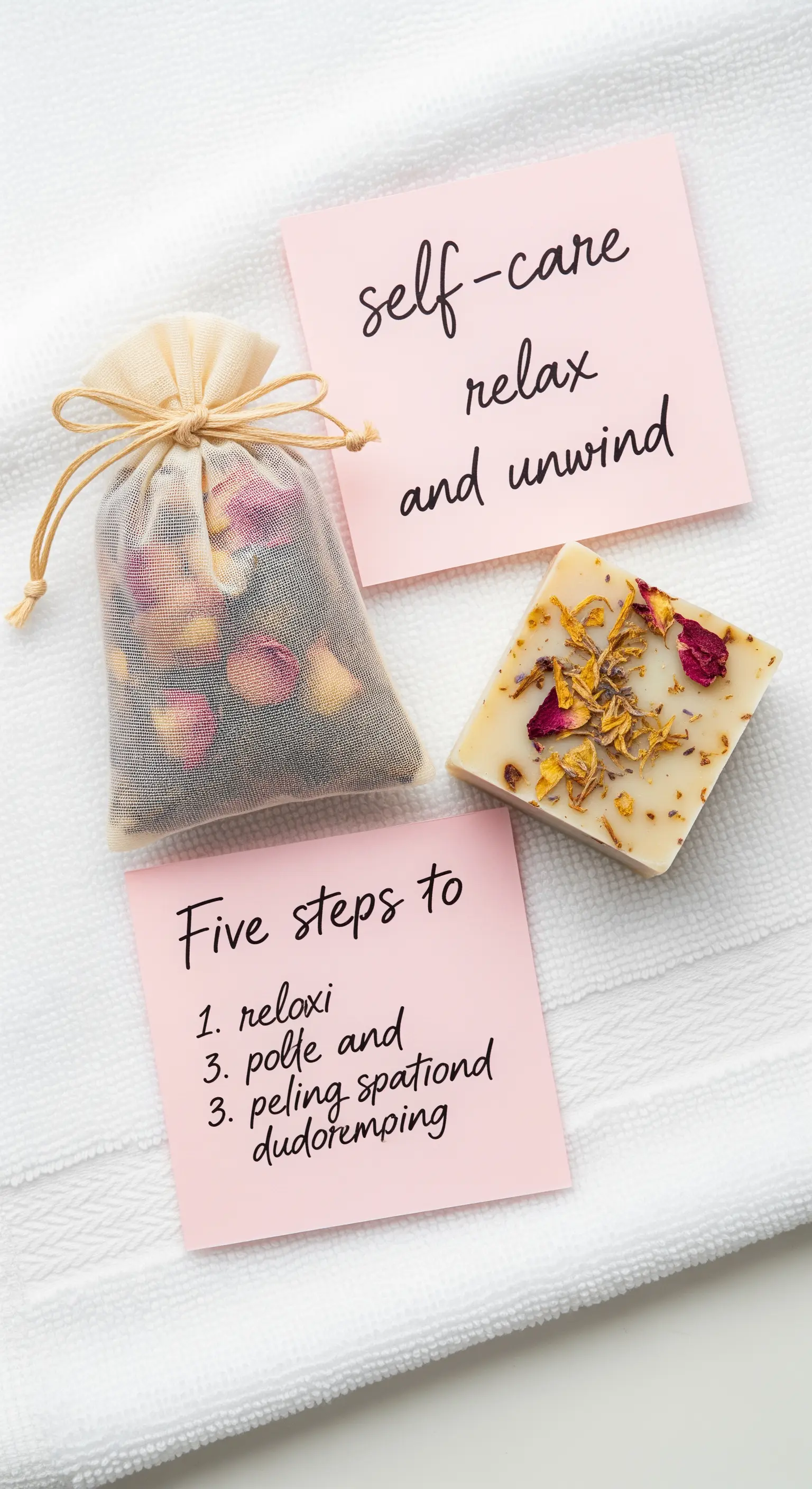 Kit per la cura di sé con sapone artigianale, sacchetto di petali di rosa e post-it.