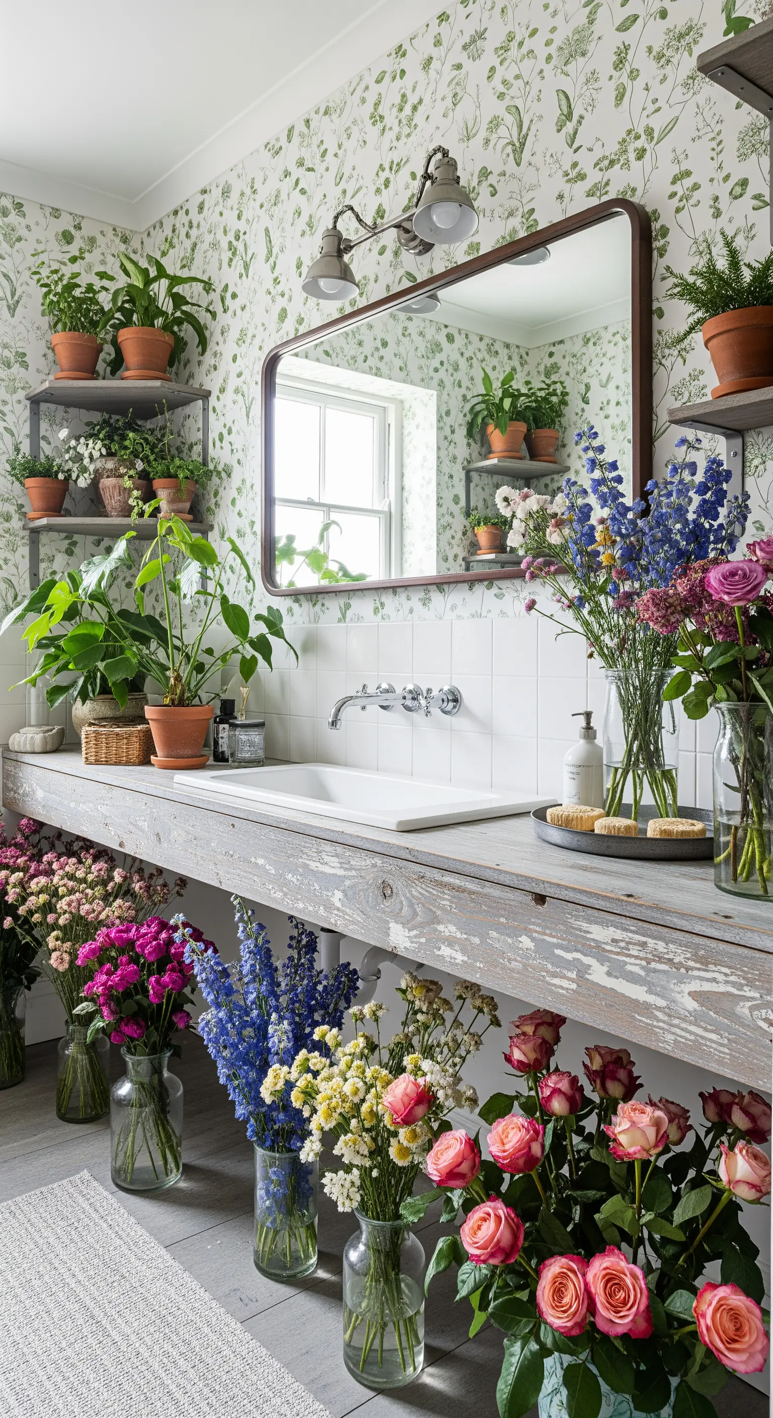 Bagno con carta da parati botanica, mensole con piante e vasi di fiori freschi ovunque.