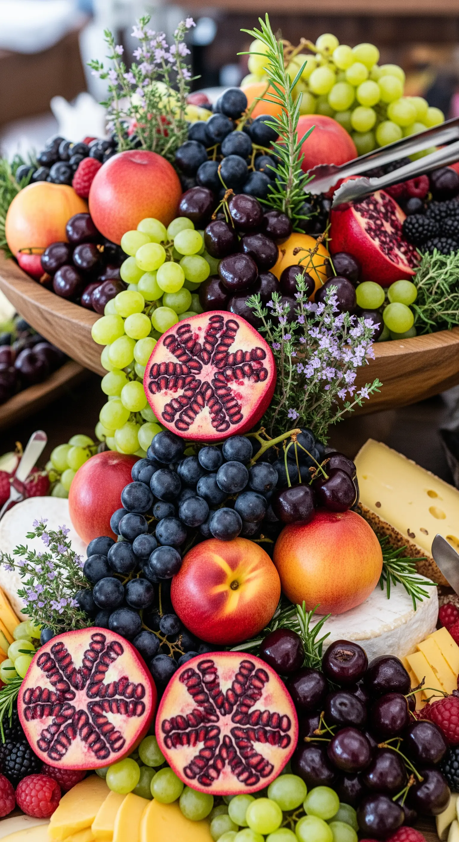 Composizione abbondante di frutta, con melograni spaccati, uva e formaggi.